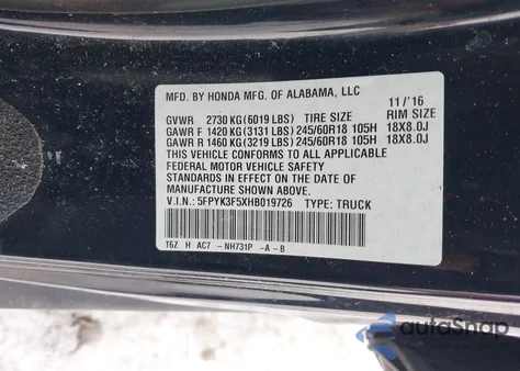 2017 Honda Ridgeline Rtl from USA, damaged, VIN 5FPYK3F5XHB019726